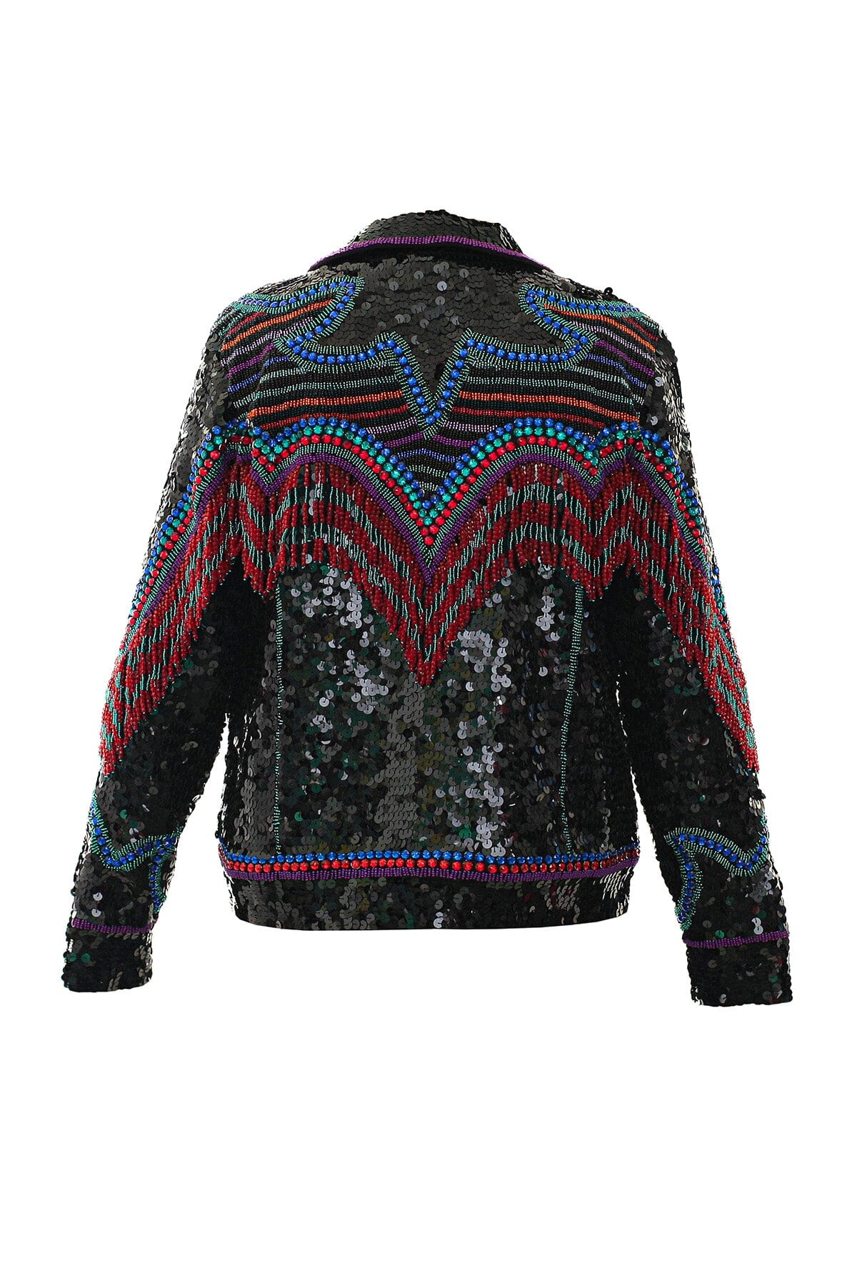 Foto em estilo still da jaqueta perfecto bordada texas preta. Peça com bordado manual de paetês e pedrarias de diversas cores