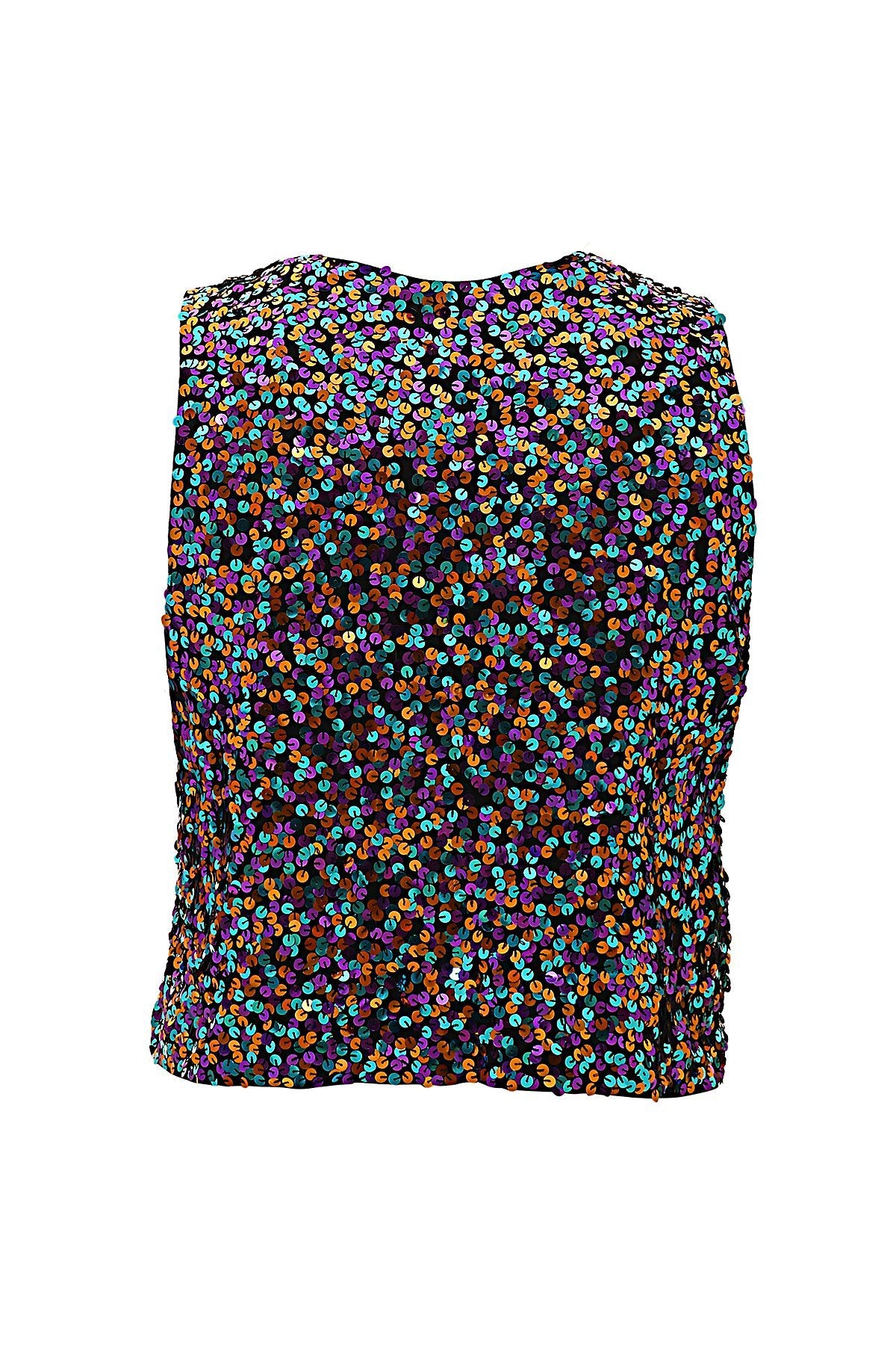 Costas da regata cavada com bordado feito à mão em toda a peça de paetês salpicados em diversas cores feito com brilho