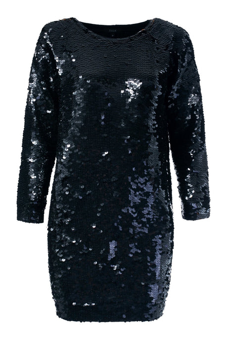 Vestido curto joulik tecido de malha bordado handmade feito à mão com paetês escamado na cor preto brilho de festas shows