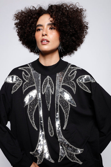 Blusa Manga Longa Bordada Lily Preto Blusa Joulik 