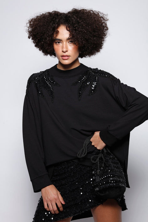 Blusa Manga Longa Bordada Tie Preto Blusa Joulik 