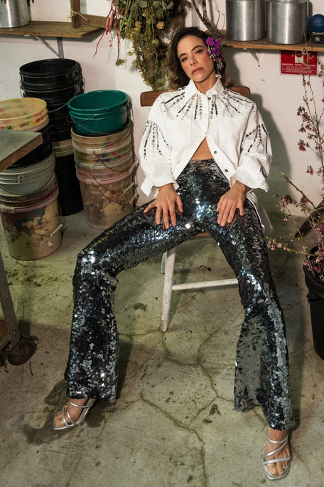 Calça Flare Bordada Sole - Grafite Calça Joulik 