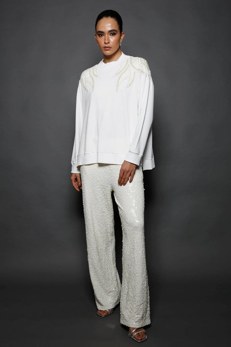 Calça Reta Bordada Luna Off White Calça Joulik 