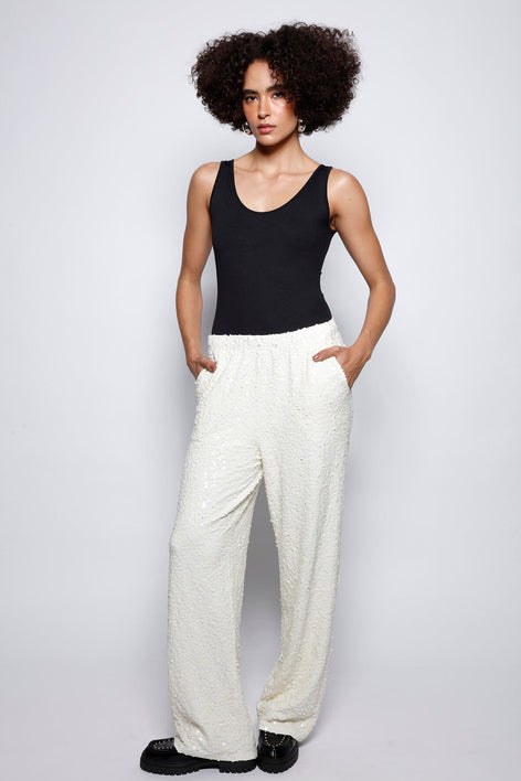 Calça Reta Bordada Luna Off White Calça Joulik 
