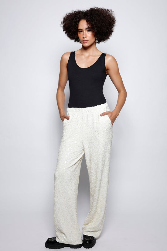 Calça Reta Bordada Luna Off White Calça Joulik 