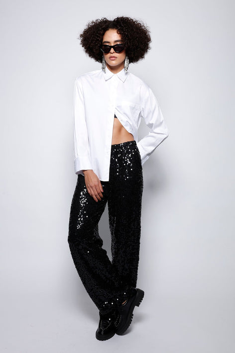Calça Reta Bordada Luna Preto Calça Joulik 
