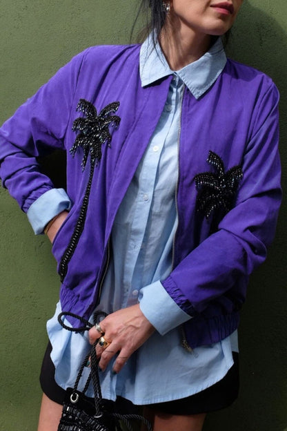 Jaqueta Bomber Bordada Coqueiros Roxo ( ENTRADA VERÃO ) Jaqueta Joulik 