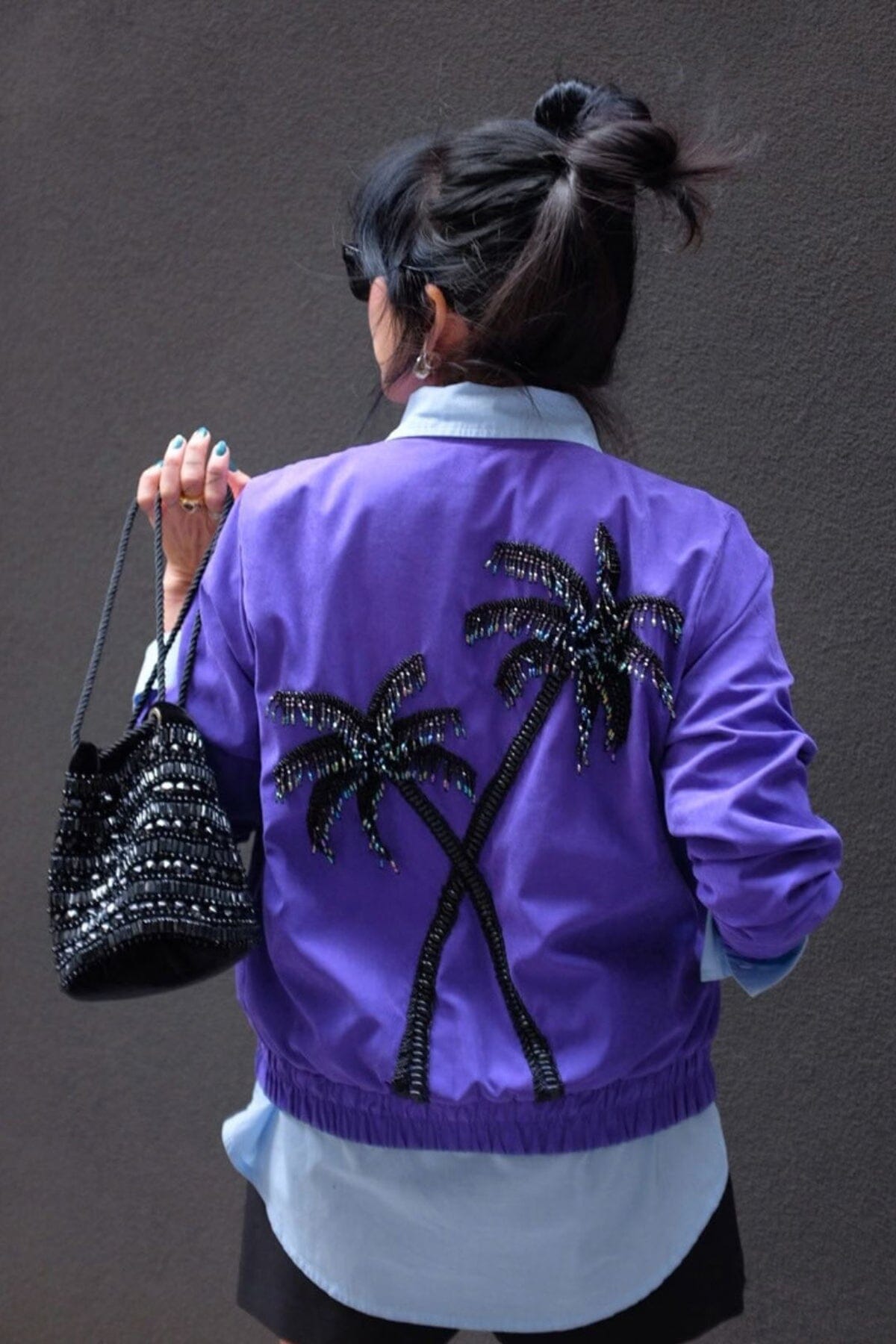 Jaqueta Bomber Bordada Coqueiros Roxo ( ENTRADA VERÃO ) Jaqueta Joulik 