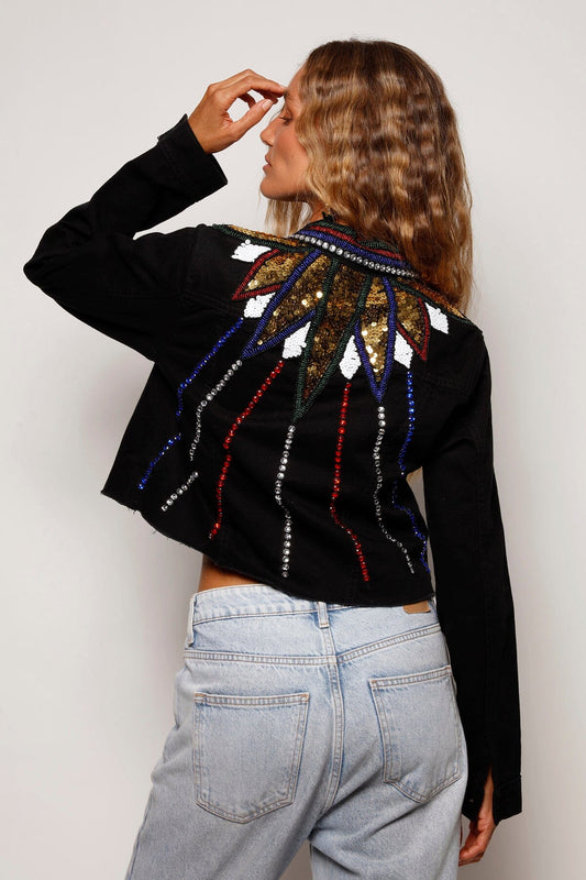 Jaqueta Sarja Cropped Bordada Jam - Preto CONFERIR TUDO Jaqueta Joulik 