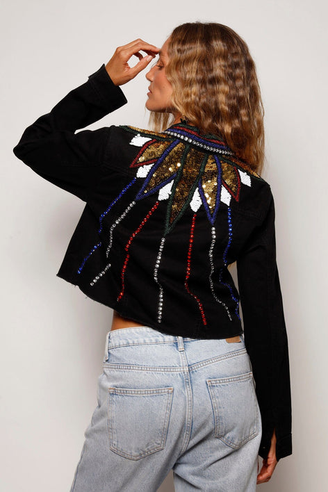 Jaqueta Sarja Cropped Bordada Jam - Preto CONFERIR TUDO Jaqueta Joulik 