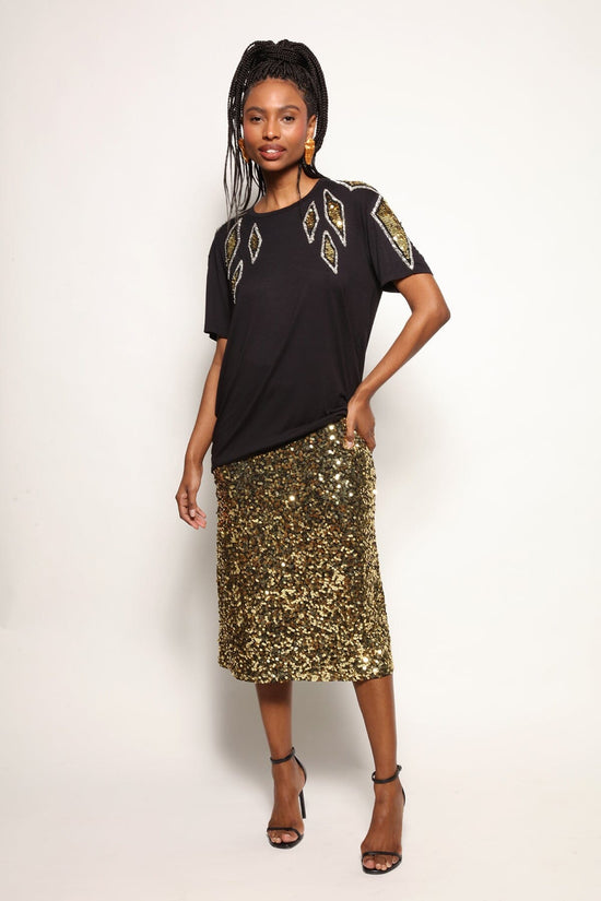 Saia Midi Bordada Luna - Dourado Saia Joulik 