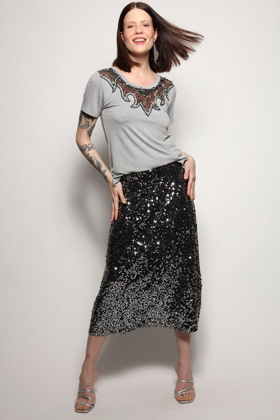 Saia Midi Bordada Luna - Grafite Saia Joulik 