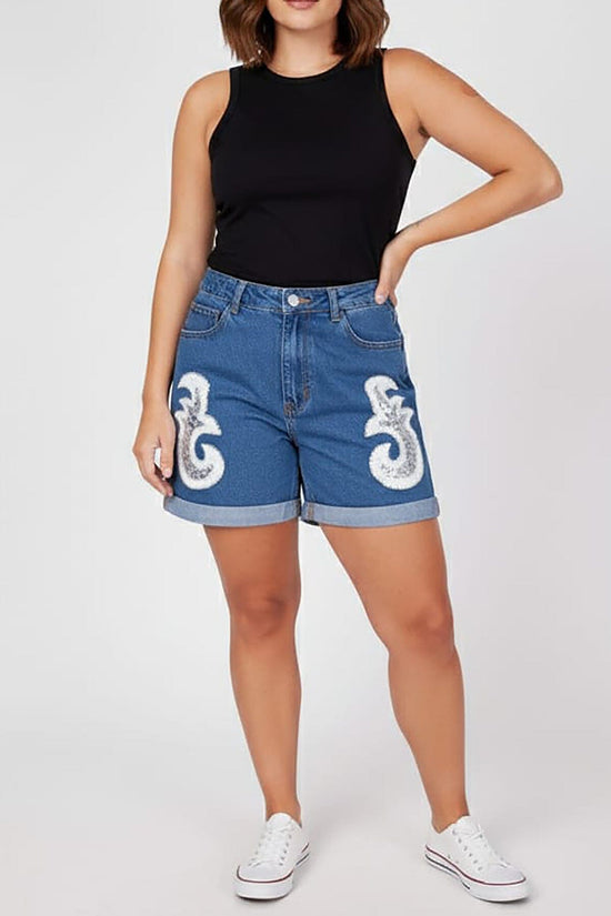 Shorts Jeans Bordado Arabesco - Azul Shorts Joulik 
