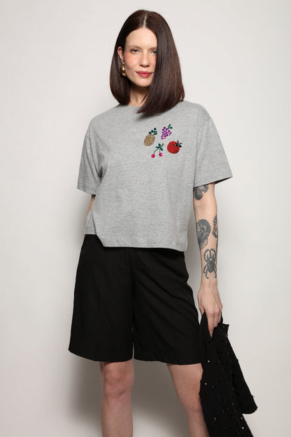 T-shirt Bordada Frutas - Mescla T-Shirt Joulik 