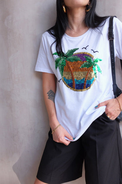 T-shirt Unissex Bordada Coqueiros Branca T-Shirt Joulik 
