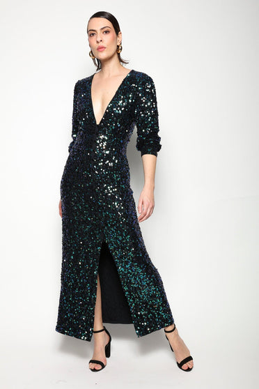 Vestido Longo Manga Longa Bordada Luna - Verde Irisado Vestido Joulik 