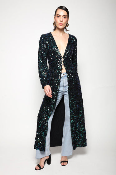 Vestido Longo Manga Longa Bordada Luna - Verde Irisado Vestido Joulik 