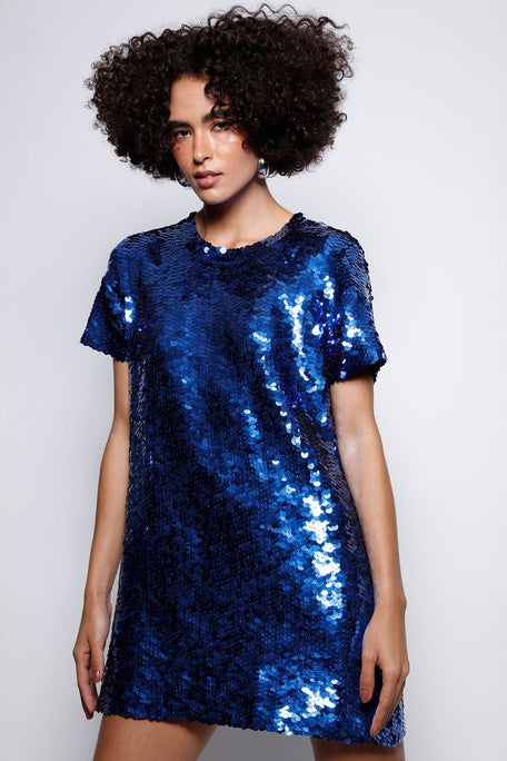 Vestido Manga Curta Bordado Sole Azul Vestido Joulik 