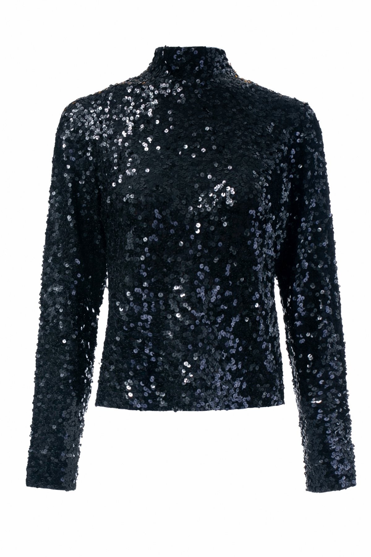 Blusa handmade gola alta e manga longa bordada à mão em paetês com brilho na cor preto ideal para usar em festas