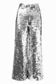 Fotografia still da calça pantalona sole na cor prata. Peça bordada inteiramente à mão. Ideal para usar e arrasar em eventos.