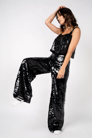Calça pantalona joulik handmade bordada à mão com paetês na cor preto  brilho para usar em festas shows e eventos 