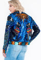 Costas da jaqueta brilho com paetês bordados à mão para festa feito manualmente de lantejoulas cor azul