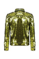 Foto em Still das costas da jaqueta lumi verde musgo. Peça bordada à mão com paetês escamados, possui muito brilho de paetês.