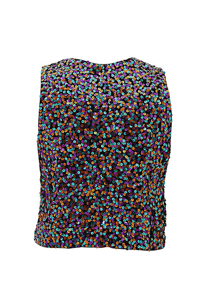 Costas da regata cavada com bordado feito à mão em toda a peça de paetês salpicados em diversas cores feito com brilho