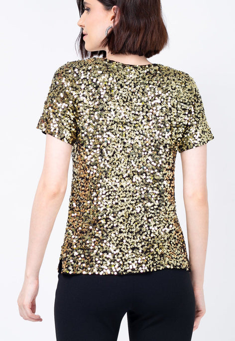 T-shirt joulik luna dourado bordado salpicado handmade de lantejoulas e gola redonda com brilho