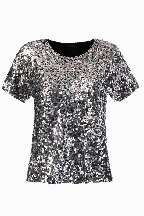Foto em estilo Still da blusa luna nas cores prata e grafite. Peça ideal para usar em festas, shows, eventos ou no dia a dia.