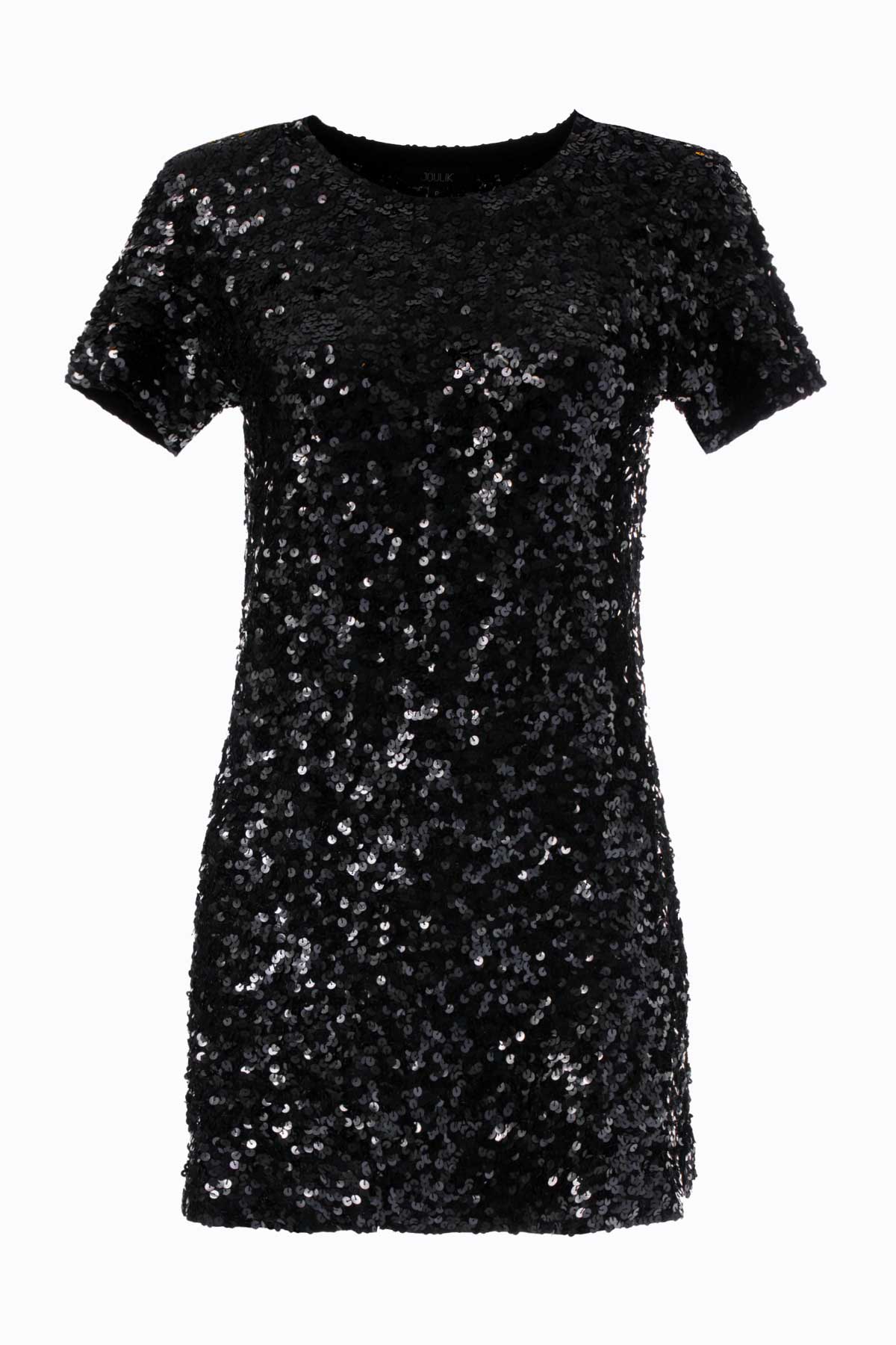 Foto em estilo Still do vestido bordado luna. Peça de malha com bordado salpicado de paetês preto e modelagem de manga curta.